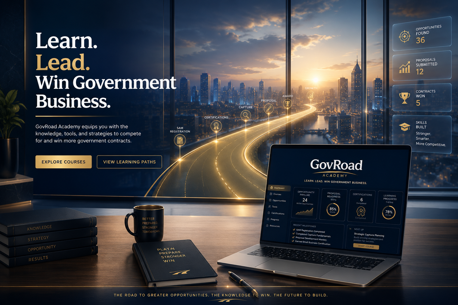 GovRoad Academy — Learn. Lead. Win Government Business. Illuminated road to certifications, capture, proposal, award, and growth, with a learner dashboard and executive metrics.
